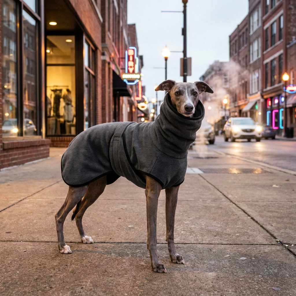 Dog wearing a gray coat standing on a city street
