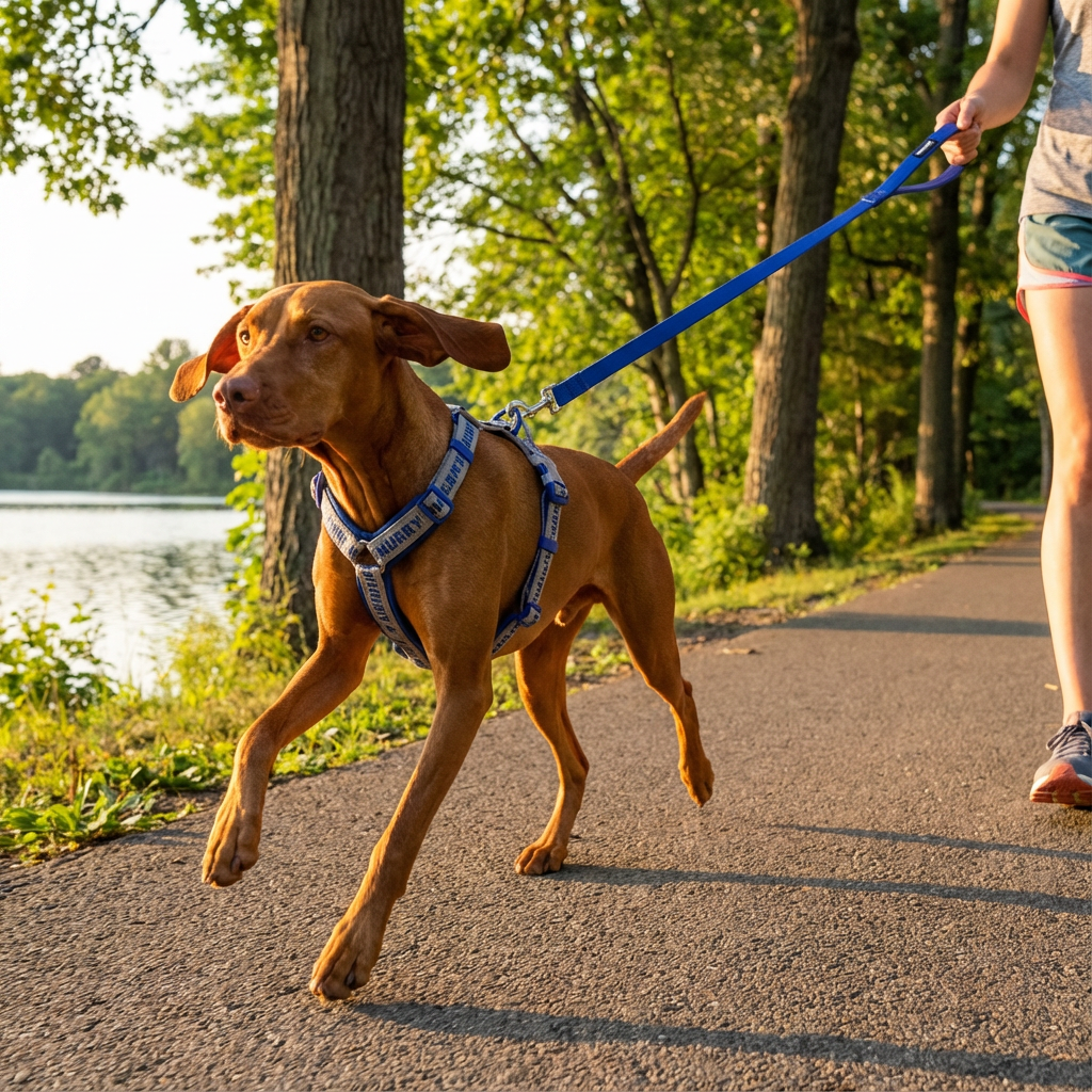 Dog on a leash walking along a path by a lake with trees in the background