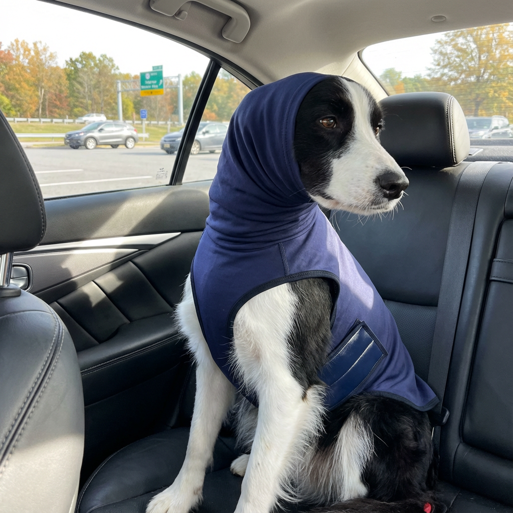 Dog wearing a blue hoodie sitting in a car