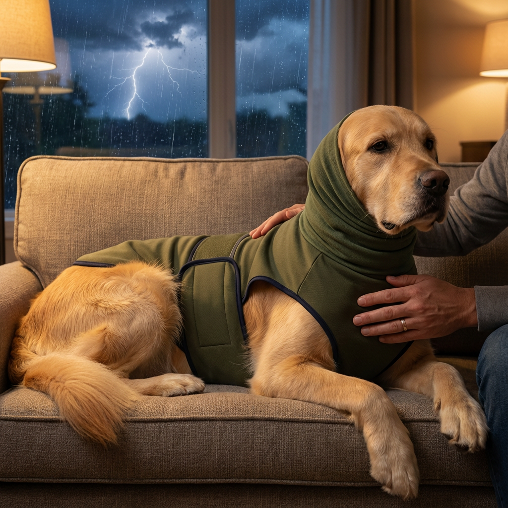 Dog wearing a green jacket indoors with a stormy sky outside