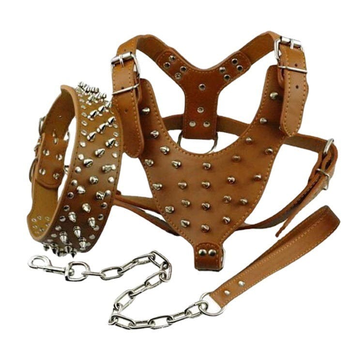 Dogs and Cats Boutique 11 Brown / XS Rivet Bullet Chest Strap Type Tow Rope Collar Three-piece Punk Dog Supplies Dog Leash Pet Supplies (To Get Done)