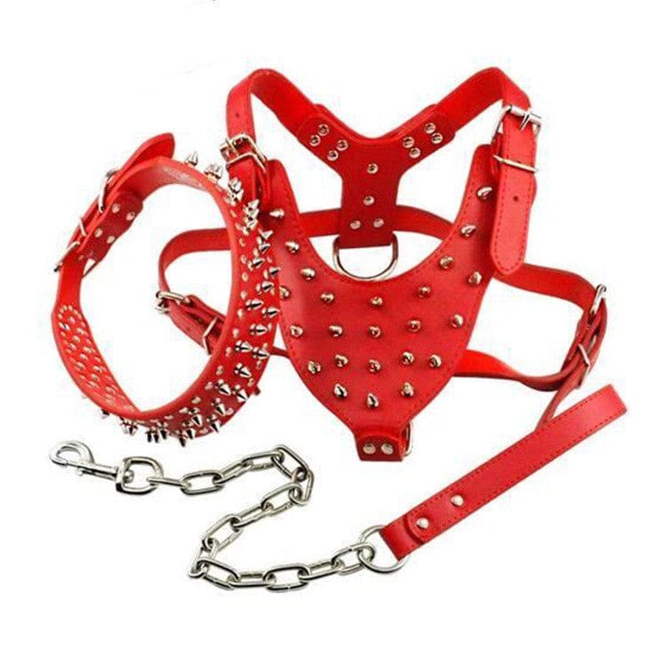 Dogs and Cats Boutique 11 Red / XS Rivet Bullet Chest Strap Type Tow Rope Collar Three-piece Punk Dog Supplies Dog Leash Pet Supplies (To Get Done)