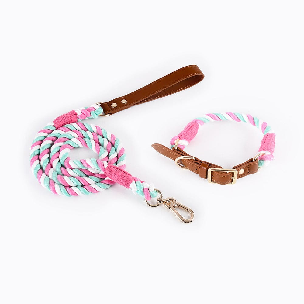 Dogs and Cats Boutique 12 Cherry blossom powder suit / L Woven Cotton Rope Leather Pet Dog Collar Suit (To Get Done)