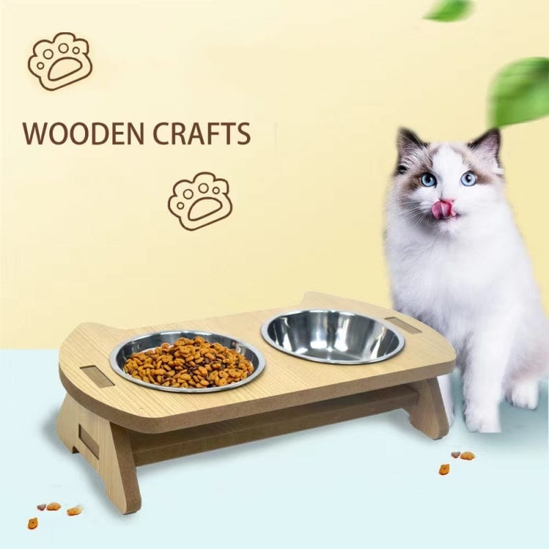 Dogs and Cats Boutique 14 Cat Bowl Water And Food All-in-one Wooden Pet Bowl Feeder Cat Stainless Steel Bowl Anti-overturning Neck Protection (To Get Done)