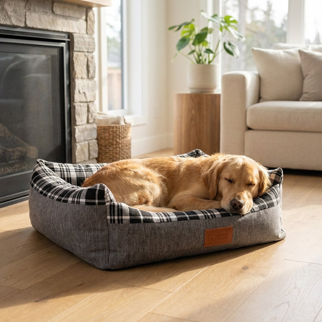 Dog resting on a checkered pet bed in a cozy living room.