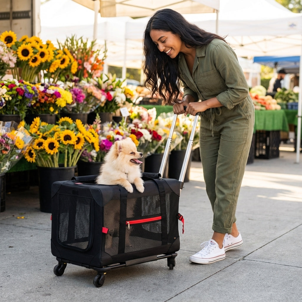 Woman pushing a pet carrier with a small dog at an outdoor market.