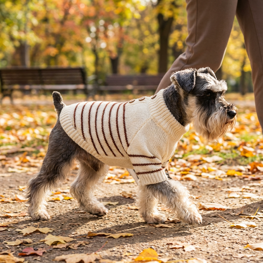Dog wearing a sweater walking in a park with autumn leaves