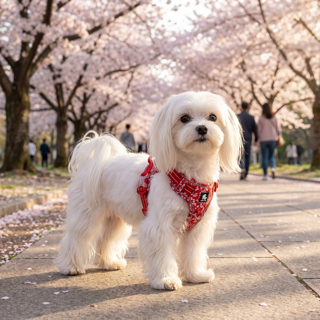 Small white dog wearing a red harness standing on a path with cherry blossom trees in the background.
