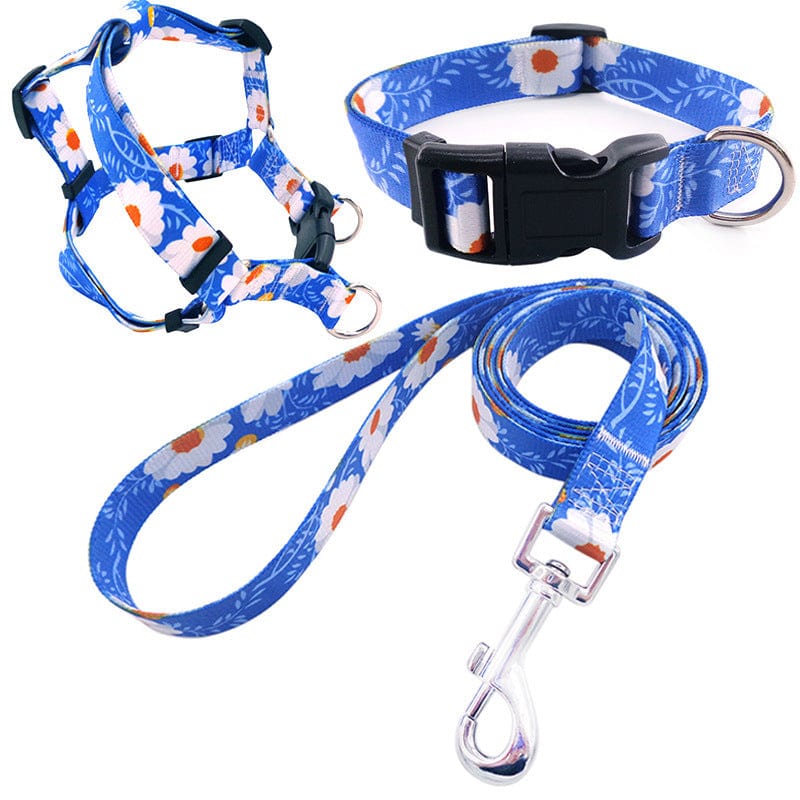 Dogs and Cats Boutique 10 Dark Blue Daisy / S Pet Printing Collar Rope Chest Strap Traction Three-piece Set (To Get Done)