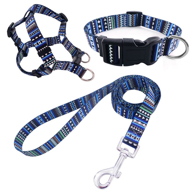 Dogs and Cats Boutique 10 PO'MY Blue / S Pet Printing Collar Rope Chest Strap Traction Three-piece Set (To Get Done)