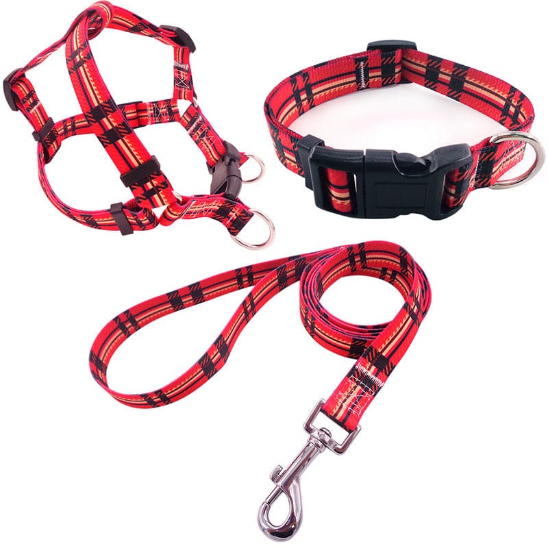 Dogs and Cats Boutique 10 Red Plaid / S Pet Printing Collar Rope Chest Strap Traction Three-piece Set (To Get Done)