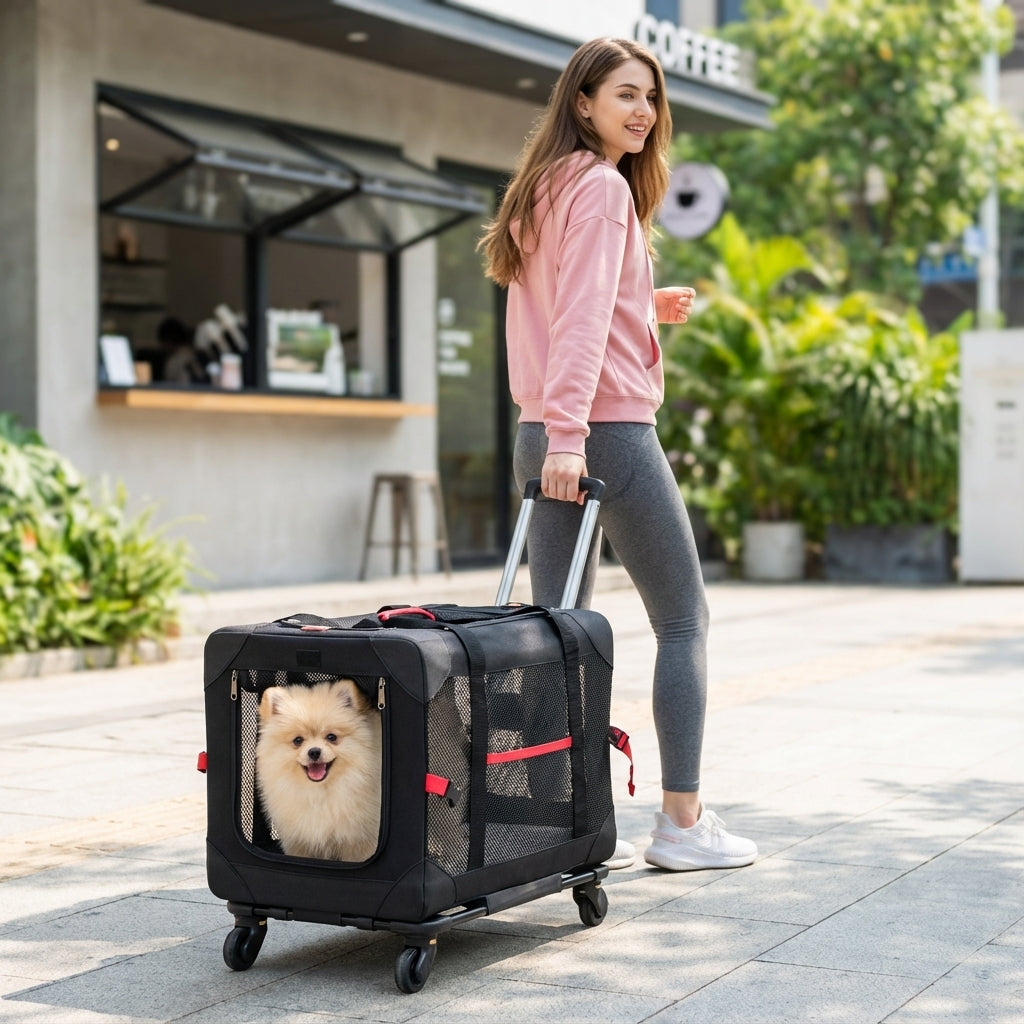 Woman pulling a pet carrier with a dog on wheels outdoors.