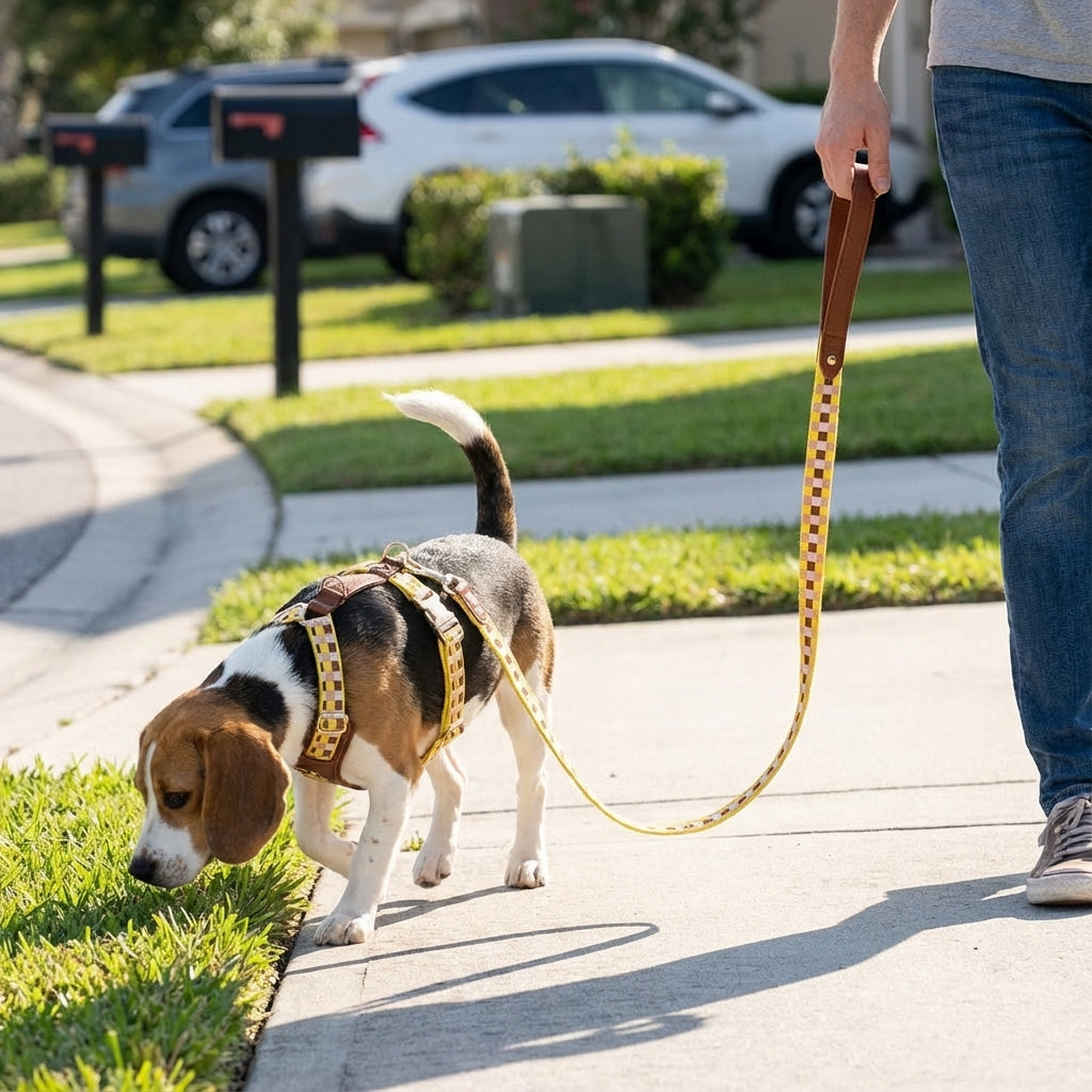 Dog on a leash being walked by a person in a suburban neighborhood.