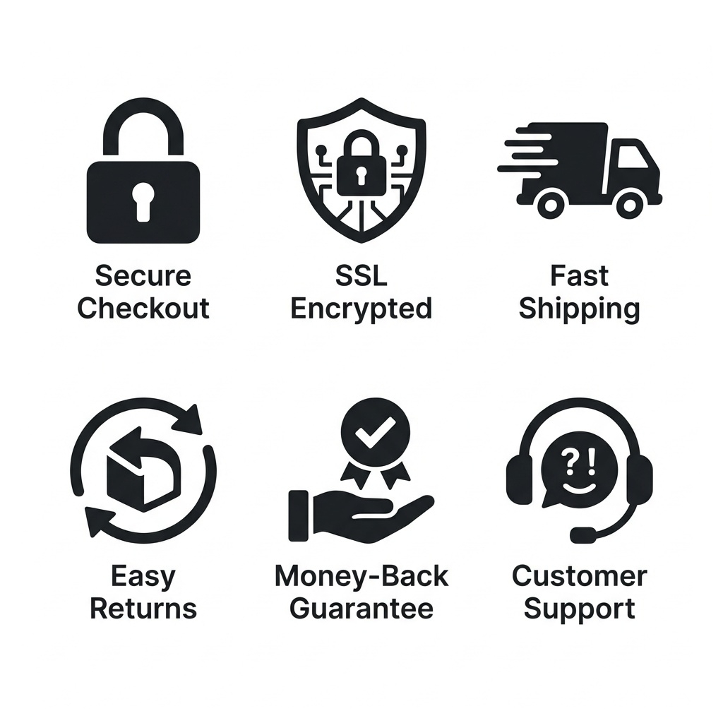 Secure checkout, SSL encrypted, fast shipping, easy returns, money-back guarantee, customer support